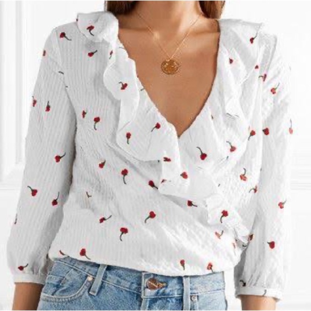 Rixo London Sophia White Embroidered Wrap Top with Flowers